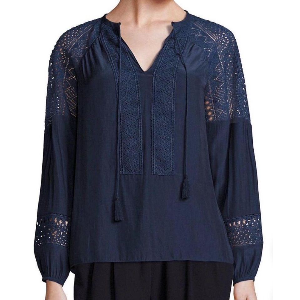Ramy Brook Winnie Lace Panel Long Sleeve Blouse Navy Crochet Flounce Sleeve Xs
